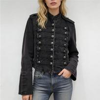 Madingas moteriškas džinsinis švarkas su stovinčia apykakle - Slim Fit, ilgomis rankovėmis, pavasariui, rudeniui ir žiemai. Large tamsiai mėlyna spalva