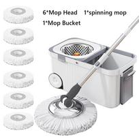 Spin Mop Bucket System 360° Rotating Floor Cleaner for Home Adjustable Stainless Steel Handle 6 Mop Heads for Floor Cleaning