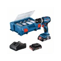 Akumuliatorinis smūginis gręžtuvas Bosch GSB 18V-45 (+2x akumuliatoriai + įkroviklis + 82 dalių priedų rinkinys + dėklas L-Case)