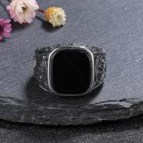 Vyriškas juodo agato žiedas 12x14mm, Vyriški vintažiniai sterlingų sidabro papuošalai, Vestuvinis žiedas dovana jam 6