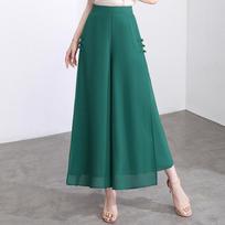 Women Side Slit Chiffon Pants Summer Thin Elastic Waist Wide Leg Pants Chic Droop Trousers Chinese Style Nine Point Pants S juoda