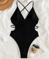 Women's Swimwear Fashion Sexy Black One-piece V-Neck Backless Bikini Beachwear S juoda