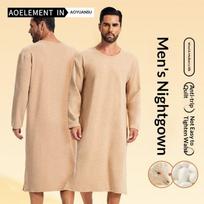 Men's Long Sleeve Knee-Length Sleep Dress - Double-Sided Brushed Fleece Long Robe, All-in-One Homewear with Wool & Silk Blend L žalia