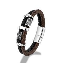 Punk Viking Style Stainless Steel Compass Norse Runes Amulet Beads Braided Multilayer Leather Bracelet Homme Pulseras 19cm juoda