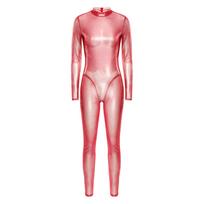 Moteriškas metalinis blizgus ilgomis rankovėmis pilno kūno kombinezonas Užtrauktukas nugaroje Catsuit Bodysuit Klubinė apranga S mėlyna