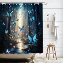 Butterfly pattern shower curtain blue waterproof textile bathtub waterproof shower curtain with 12 hooks 180 x 180cm W90xH180cm gray