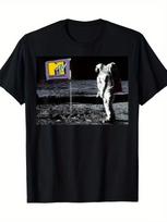 Vyriški Retro MTV Mėnulio Rašto Marškinėliai Retro Astronautų Mėnulio Nusileidimo Tema Trumpomis Rankovėmis Viršutinė Dalis su MTV Logotipu S