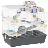 PawHut Hamsterio narvelis, 4 aukštai, graužikų narvelis, mažų gyvūnų narvelis su bėgimo rateliu, ėdalo dubenėliu, tuneliu, nameliu, viršutinėmis durelėmis, mažų gyvūnų narvelis, narvelis siriniams žiurkėnams 78 x 45 x 73 cm, pilkos spalvos