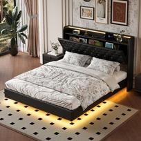 Šiuolaikinė dvigulė lova su LED apšvietimu, 2 USB prievadai, hidraulinė lova su grotelėmis, 140x200 cm, juoda PU oda, be čiužinio