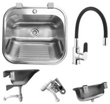 AQUA HEATING KOMORA/KRIAUKLĖ SKALBYKLŲ/SODAS/GARAZAS NERŪDIJANČIO PLIENO SATINO/MATINĖ/ŠUKUOTA 55 X 50 X 21cm SU SKYLUTE SU LENTYNĖLE + VIRTUVĖS MAIŠYTUVAI FLEX