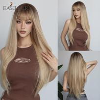 EASIHAIR Blonde Ombre sintetiniai perukai su kirpčiukais Ilgų tiesių natūralių plaukų perukai moterims Kasdienis Cosplay perukas karščiui atsparus pluoštas