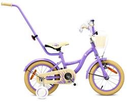 FLOWER BIKE Dviratis mergaitei 14 colių, stūmimo strypas, šoniniai ratai, krepšys violetinė spalvos, FLOWER BIKE Dviratis mergaitei 14 colių, stūmimo strypas, šoniniai ratai, krepšys violetinė spalvos