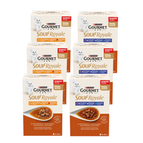 Gourmet Soup Royale suaugusių kačių maistas su vištiena, kalakutiena ir jautiena 18 x 45 g + su lašiša, plekšne ir menke 18 x 45 g