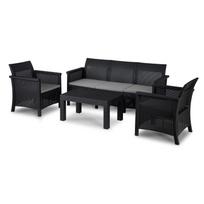 SAVIO sodo baldų komplektas, juoda sofa, 2 foteliai, terasos stalas, modernus technoratanas