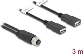 Delock M12 Kabel A-kodiert 8 Pin Buchse zu 2 x USB 2.0 Typ-A Buchse 3 m schwarz (60651)