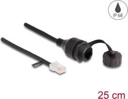 Delock Kabel RJ45 Stecker zu RJ45 Buchse zum Einbau mit Verschlusskappe Cat.5e FTP IP68 staub- und wasserdicht 25 cm schwarz (88012)