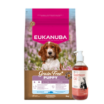 EUKANUBA Puppy&Junior Small/Medium Grain Free 12kg + LAB V Vitaminų praturtintas lašišų aliejus 500ml
