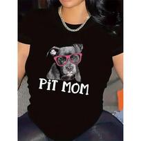 Moterų Pit Mom & Pitbull Grafinis Spaudinys Apvalus Kaklas Trumpomis Rankovėmis Laisvalaikio Lengvi Marškinėliai S juoda