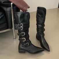 Women's Knee High Riding Boots Slip On Motorcycle Boots With Zipper Pointed Toe Chunky Block Heel Buckles Biker Boots for Women Western Retro Booties 35 ruda