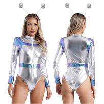 Womens Metallic Astronaut Jumpsuit Alien Hair Hoop Long Sleeve Bodycon Leotard S mėlyna