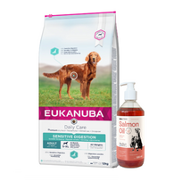 EUKANUBA Daily Care Adult Sensitive Digestion 12kg + LAB V Lašišų aliejus šunims ir katėms 500ml