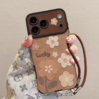 Retro Flower Phone Case For iPhone 13 15 14 16 17 Pro Max Plus 12 11 Wrist Strap Cover Shockproof Funda Back Cover iPhone 15