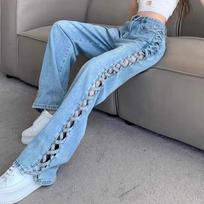 Pavasaris ir Vasara Moteriškos Laisvalaikio Džinsai  Mom Jeans  Su Išpjovomis Aukštu Liemeniu Kelnės Sagos Užtrauktukas Plataus Kojų Kelnės Biuro Ponios Laisvi Streetwear 32 mėlyna
