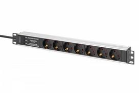Digitus Digit 1U aliuminio maitinimo blokas, montuojamas ant stovo, 7 apsauginiai lizdai 16A, 230 V kintamoji srovė, 50/60 Hz, apsauga nuo viršįtampių, linijos filtras