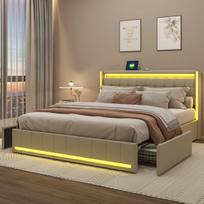 Dvigulė lova 160 x 200 cm, apmušta lova su LED apšvietimu, USB jungtimi ir 4 stalčiais paaugliams ir suaugusiems, smėlio spalvos patalynė, čiužinys neįskaičiuotas