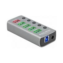 DELOCK USB 3.2 Gen 1 Hub mit 4 Ports + 1 Schnellladeport + 1 USB-C PD 3.0 Port mit Schalter und Beleuchtung