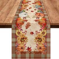 Rudens stalo vėliavėlė Namų virtuvės dekoracija Moliūgas Saulėgrąža Languotas Kavinės Restorano Rustic Ūkinis Lino stalo vėliavėlė 150x33cm beige