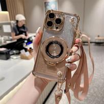 Prabangus dengimas blizgučiais kryželiu pakabukas ant kaklo su virvele telefono dėklas iPhone 15 13 14 12 Pro Max 14 16 Plus 11 magnetinis laikiklis dangtelis For iPhone 11 juoda