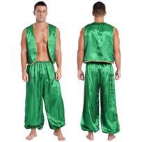 Vyriškas Arabų Princas Kostiumas Aukso Apdaila Satino Liemenė ir Elastingos Juosmens Kelnės Pasakų Cosplay Rinkinys XL žalia