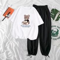 Madingas Little Bear trumpomis rankovėmis laisvalaikio sportinis kostiumas moterims Laisvalaikio plačios kelnės Dviejų dalių vasaros laisvas sportinis kostiumas S balta