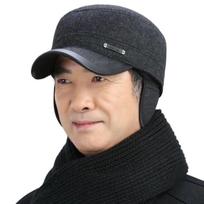 Men's Woolen Leather-Brim Flat Cap with Ear Protection - Warm, Thick Cotton Hat for Middle-aged and Elderly (Autumn/Winter). adjustable pilka