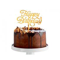 Akrilinis torto papuošimas „Happy Birthday“, aukso spalvos – torto dekoracija (11x15 cm)