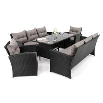 Lauko baldų komplektas FLORIDA 8 BD|Technoratanas|Juodas|Pagalvės pilkos 01