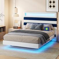 Dvigulė lova 140 x 190 cm, apmušta lova su LED apšvietimu, USB C tipo jungtimi, tinka paaugliams ir suaugusiems, grotelių rėmas, smėlio spalvos aksomas