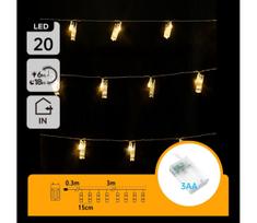 Aigostar - LED dekoracinė girlianda su segtukais 20xLED/3xAA 3,3m šiltai balta