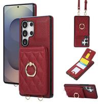 Crossbody Ring Holder Cards Solt Wallet Leather Phone Case For Samsung S26 Ultra S25 Plus S24 S23 A16 A17 A07 Long Lanyard Cover Galaxy S22 5G rožinė