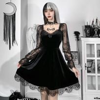 Gotikinės Vintažinės Suknelės Moteriškos Nėriniai Dygsniuotos Grunge Juoda Suknelė Ilgomis Rankovėmis Suknelė XL juoda