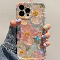 Retro aliejinės tapybos dėklas telefonui iPhone 13 14 15 16 ProMax 12 11, prabangus gėlių raštas, smūgiams atsparus silikoninis dangtelis, meninė apdaila For iPhone 12Pro Max rožinė