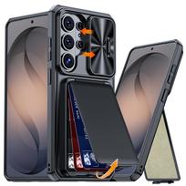 With Card Holder Sliding Camera Cover And Stand For Samsung Galaxy S26 Ultra Phone Case, Anti-Fall PC+TPU Wallet Case-Blue oranžinė