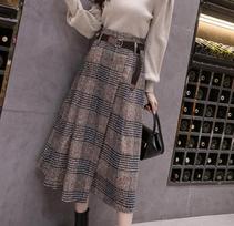 Winter Retro Plaid Wool A-Line High-Waist Midi Skirt for Women M chaki