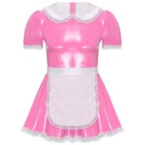Mens Patent Leather Maid Apron Dress Doll Collar Puff Sleeve Ruffle Lace Crossdresser Costume XXL raudona