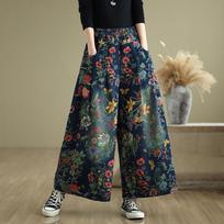 Jeans Flower Floral Print Autumn Wide Leg Pant Women Loose Pleated Fashion Ladies Oversized Trousers Elastic Waist Woman Pants XXL mėlyna