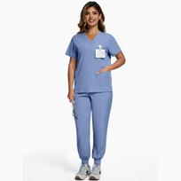 Women's Quick-Dry ICU Nurse Uniform Set: Solid Color, Short Sleeve, Two-Piece Jogger S tamsiai mėlyna