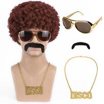 Disco Wig (Wig+ Glasses+ Necklace+ Mustache+ Wig Cap) 70'S Costumes Wig Afro Wig Men Short Curly Natural Fluffy Synthetic hair Wig for Halloween Party