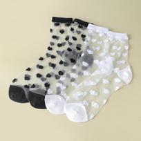 2 Pairs Women Heart Stripe Polka Dots Pattern Sheer Silk Socks Spring Summer Breathable Thin Transparent Crew Socks 36-43