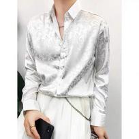 Men's Black Satin Damask Print Shirt Long Sleeve Loose Fit Casual Button-Down Shirt L balta
